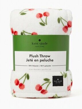 NEW Kate Spade New York Plush Throw Blanket Luxury Red Cherry Print White 60x70